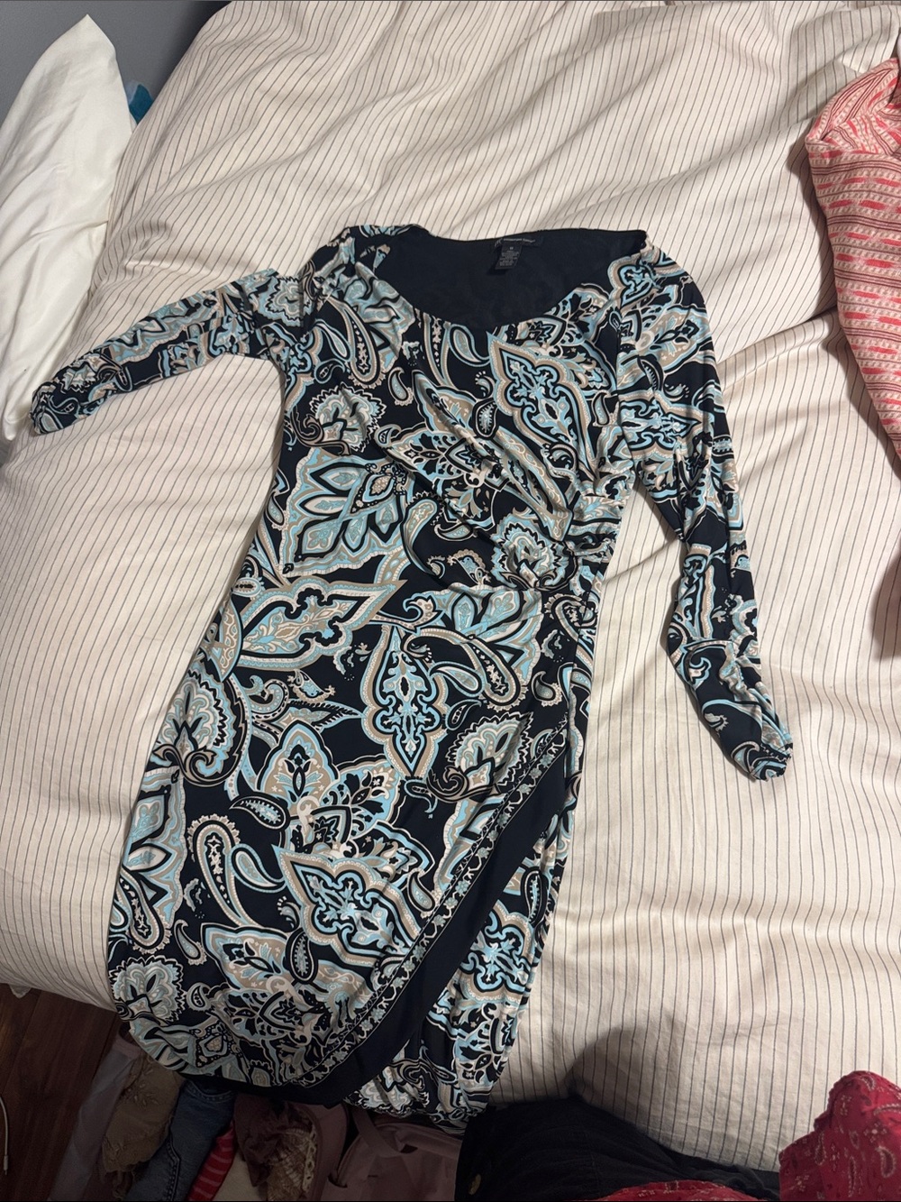 Women's blue tan black paisley work dress
